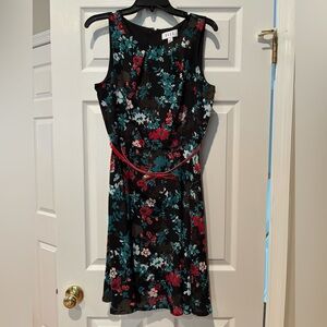 ELLE Floral Fit & Flare Dress Red Belt Sleeveless Black Medium
